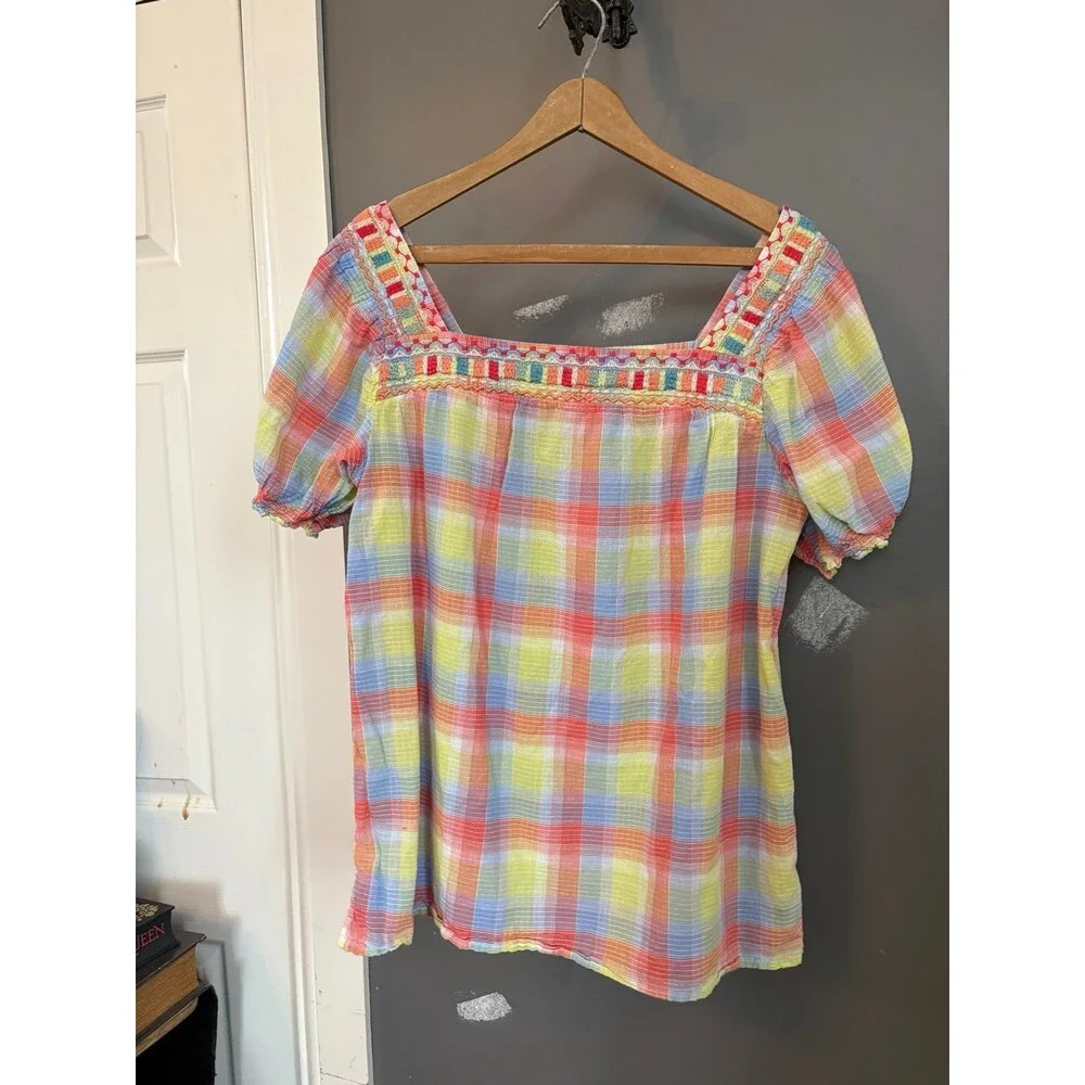 Johnny Was size Large L Delacey plaid pastel puff sleeve peasant top shirt